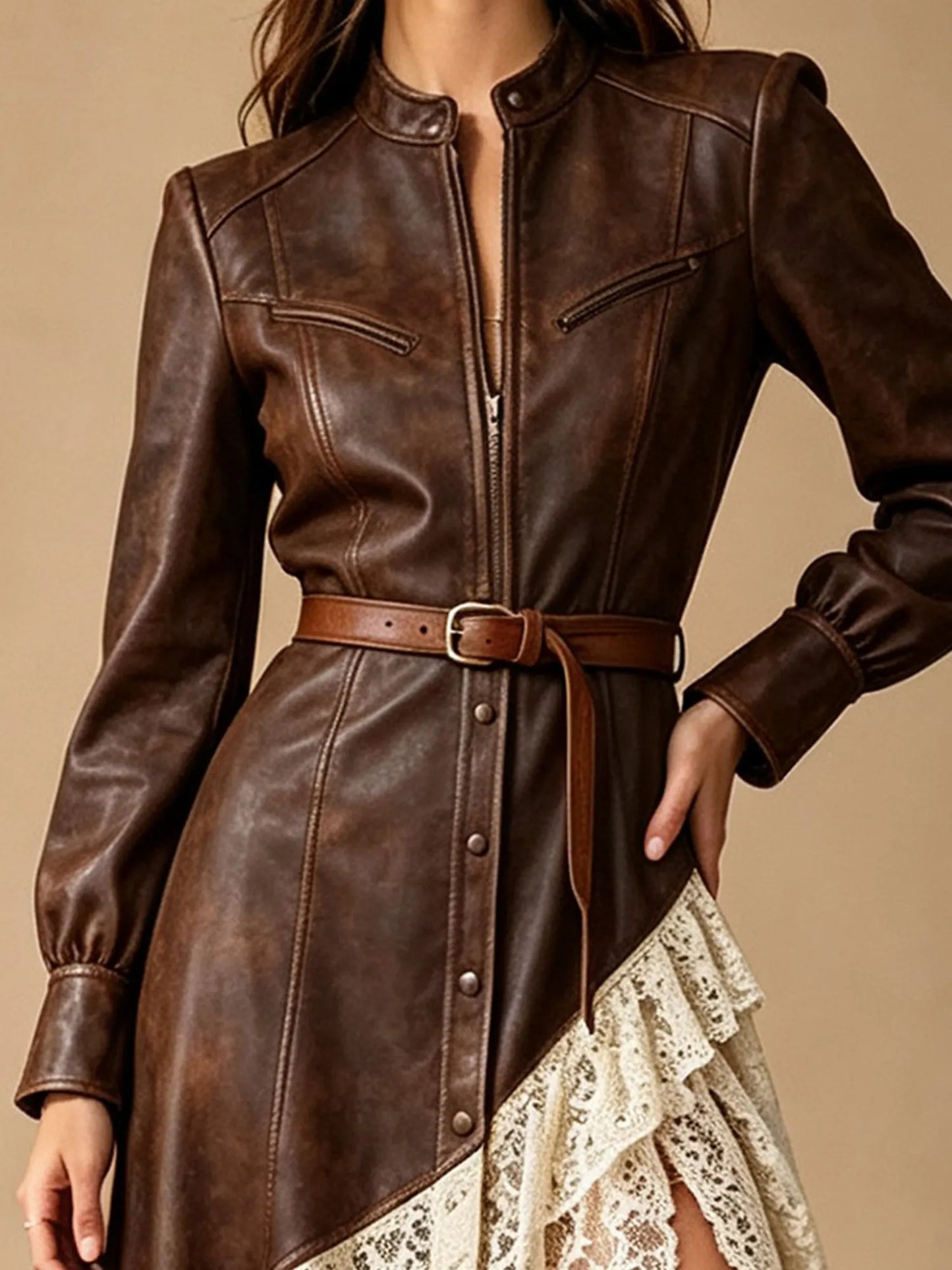 Coffee Brown Leather Patchwork Asymmetric Lace Midi Dress