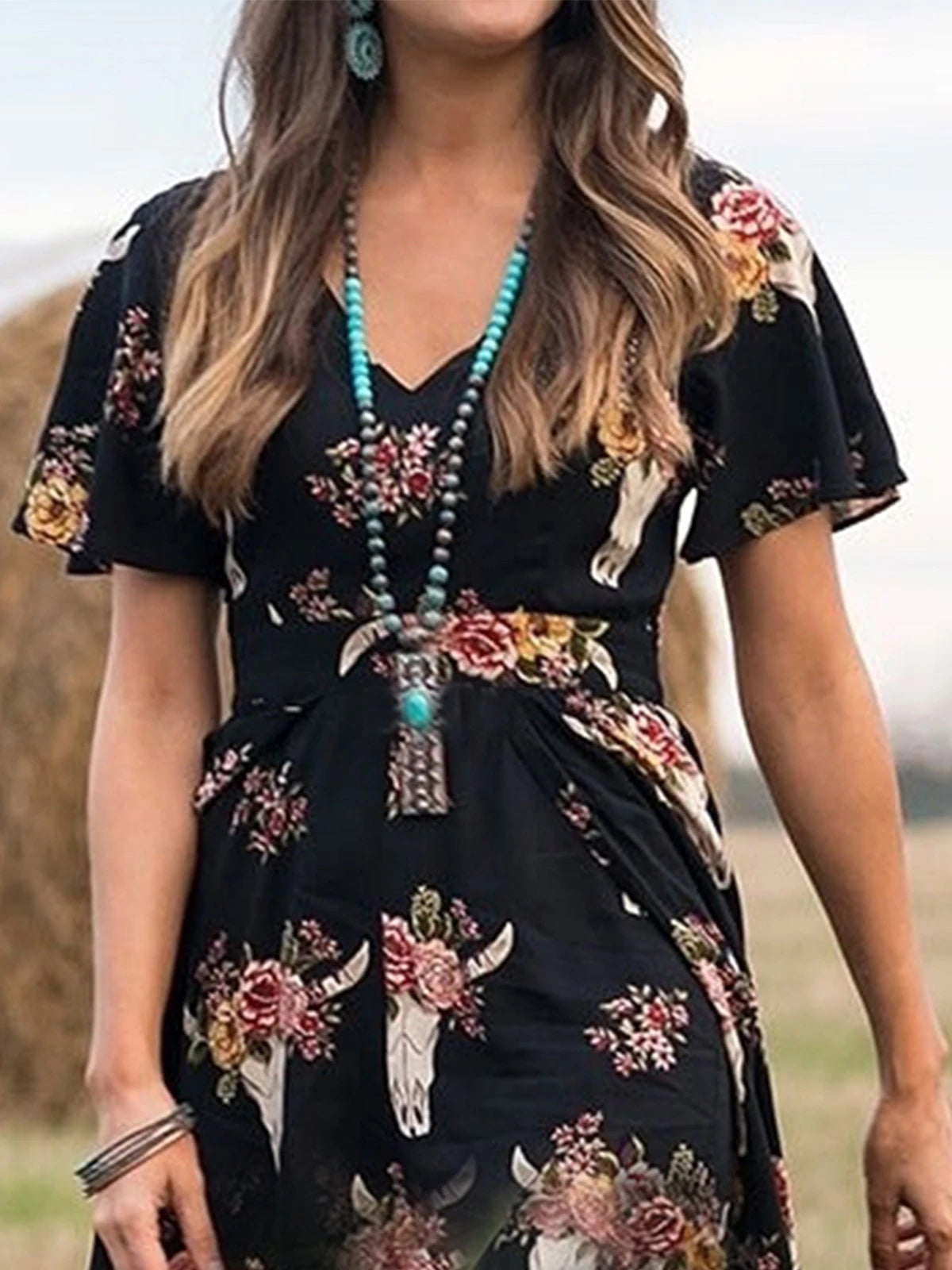 Vintage Boho Horns Floral Printed Plus Size Short Sleeve V Neck Casual Holiday Dresses