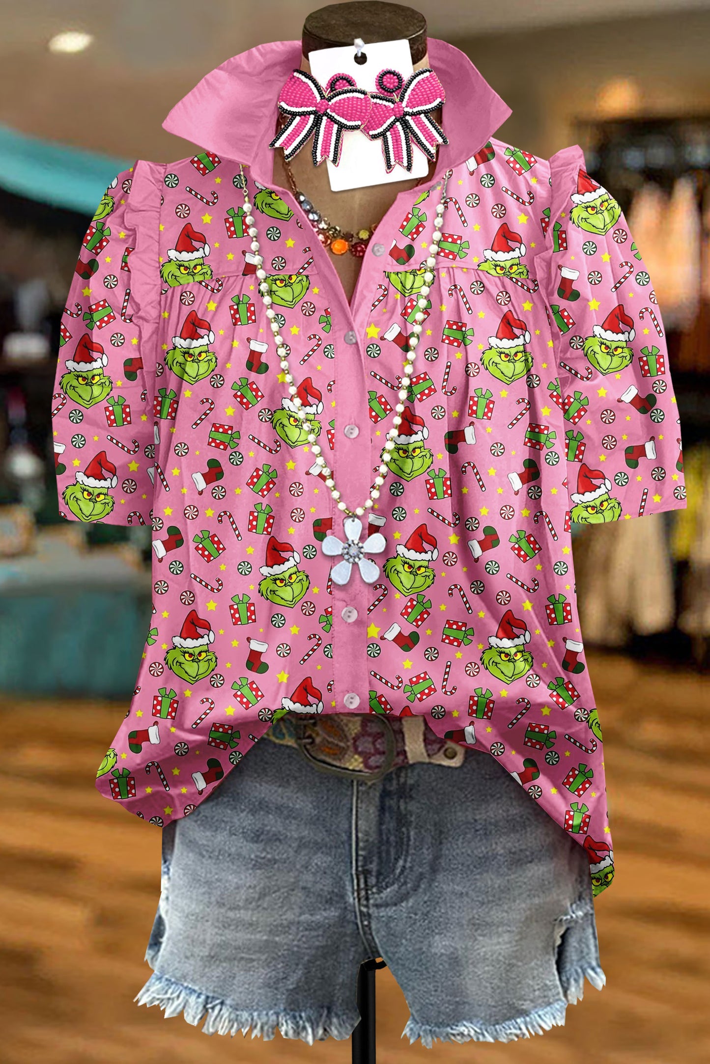 Christmas Grinch Candy Print Puff Sleeve Top