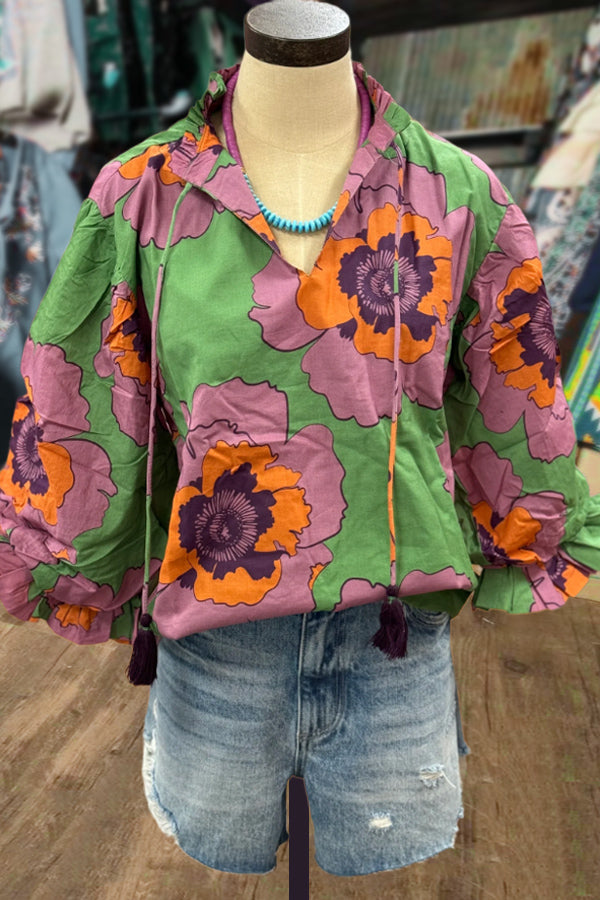 Colorful Floral Print Balloon Sleeve Top