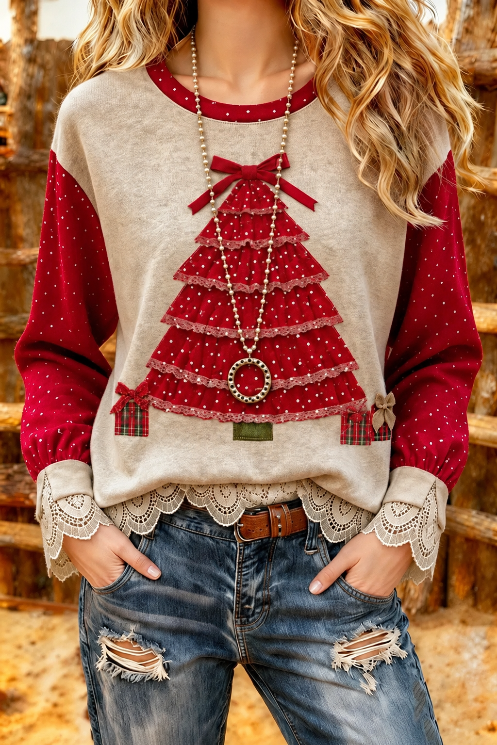 Vintage Christmas Tree Print Crew Neck Lace Trim Top