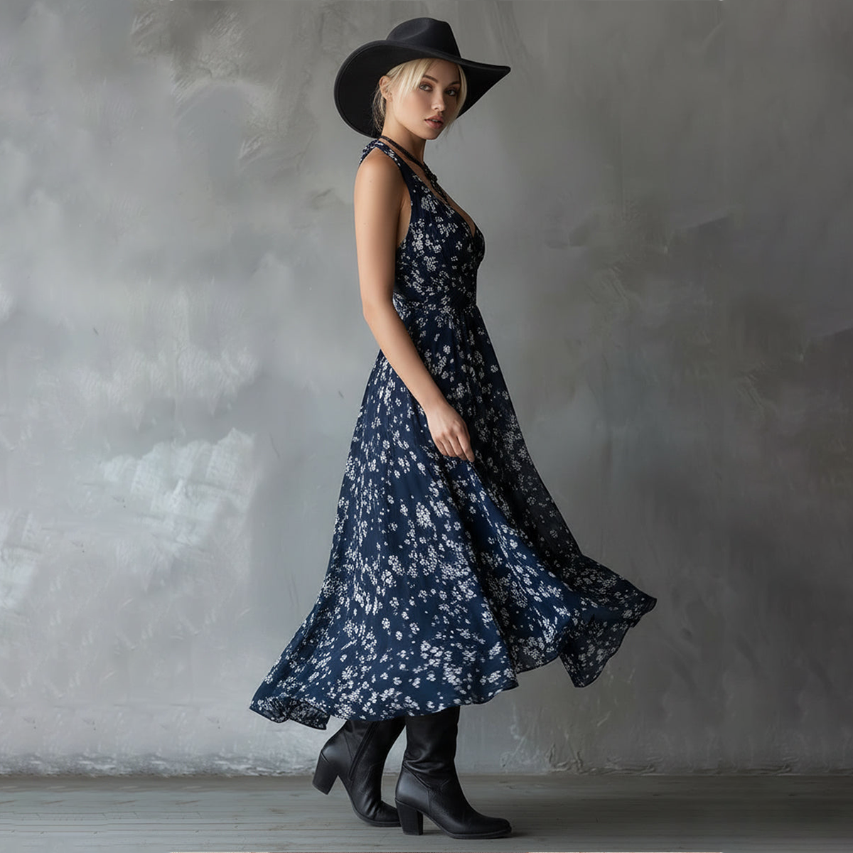Vintage-inspired Classic Print Navy Blue Chiffon Sleeveless Maxi Dress