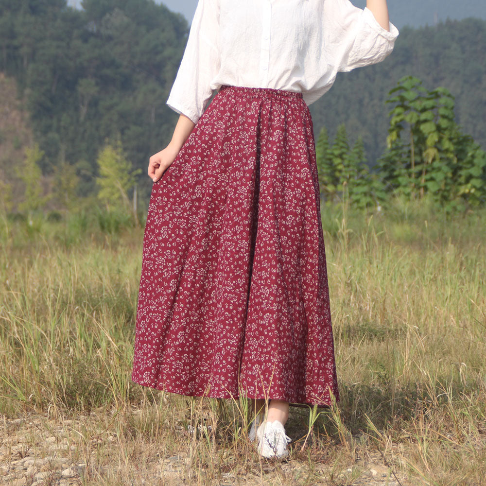 Cotton and linen printed maxi skirt | Retro ethnic style elastic waist midi skirt