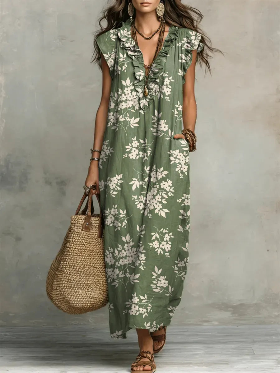 Women's Retro Floral Pattern Art Print Casual Ruffled Stylish Dress