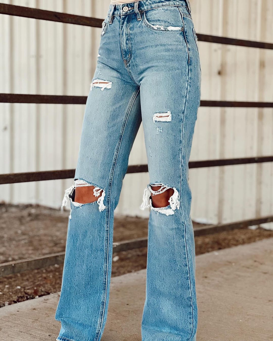 Fashion retro washed ripped wide-leg jeans