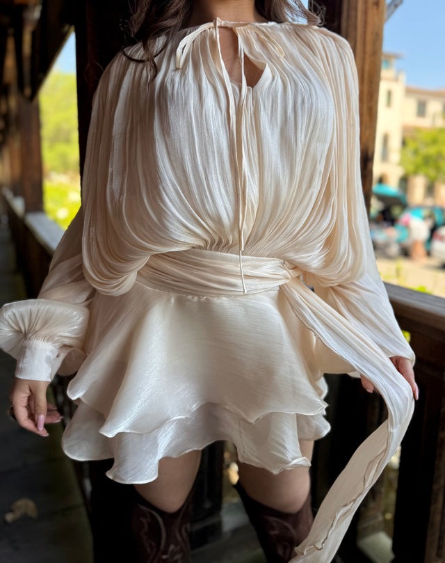 Champagne Plisse Ruffle Mini Dress