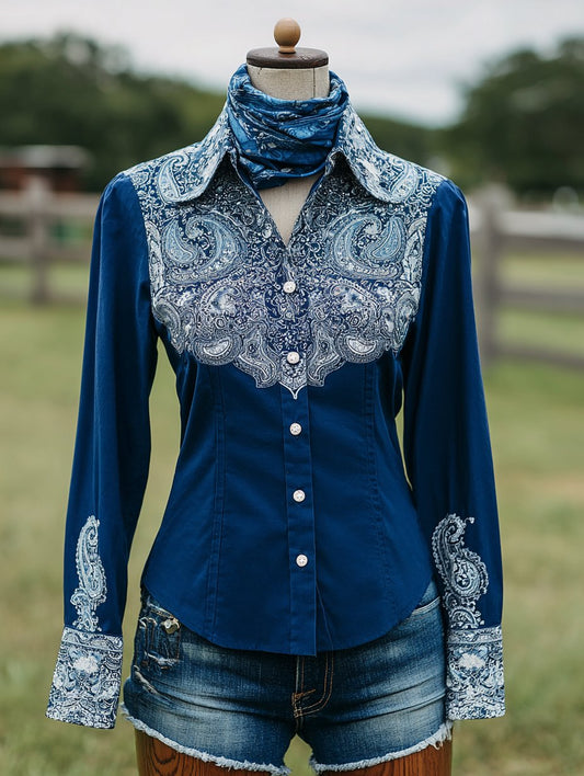 Women's Vintage Paisley  Floral Print Western Long Sleeve Shirt