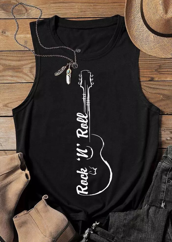 Letter Guitar O-Neck Casual Tank - Black