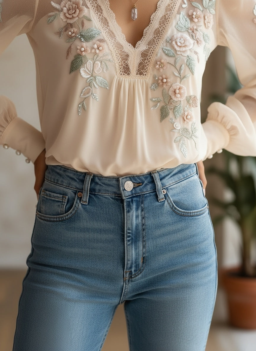 Elegant Floral Embroidered Chiffon Blouse with V-Neck and Puff Sleeves