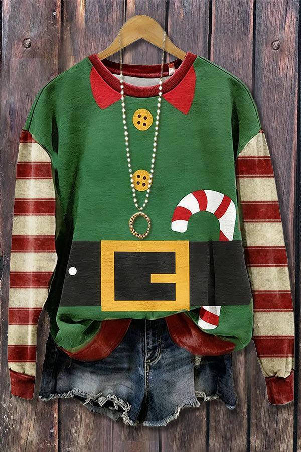 Funny Christmas Print Striped Long Sleeve Sweatshirt