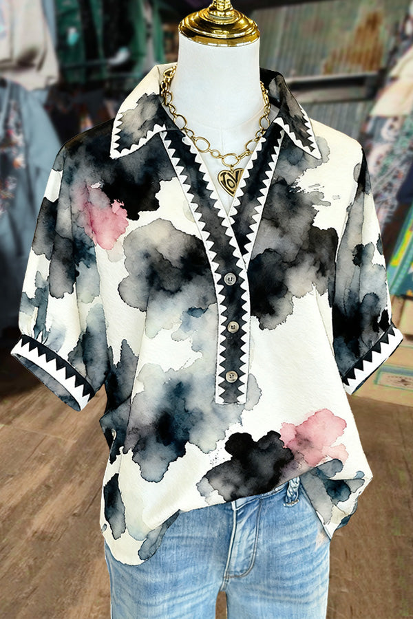 Abstract Print Colalred Short Sleeve Top