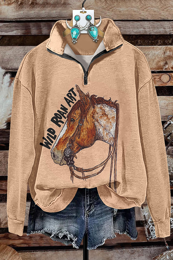 Western Horse Print Zipper Sweatshirt