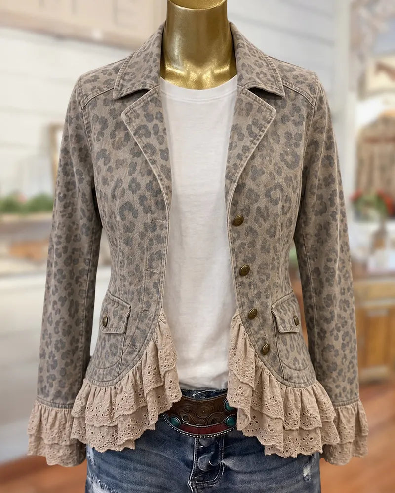 Leopard Print Notched Lapel Ruffle Trim Denim Jacket