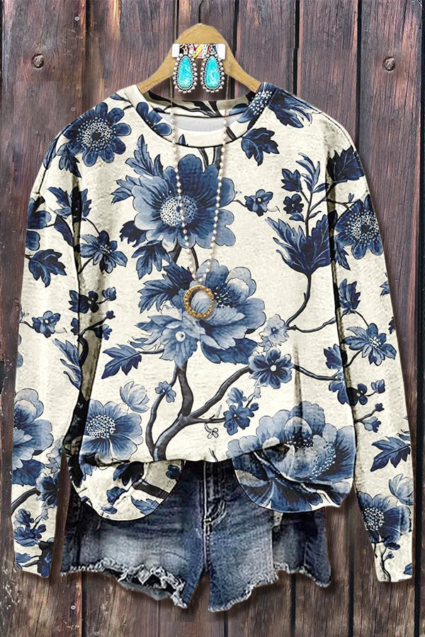 Elegant Floral Print Long Sleeve Sweatshirt