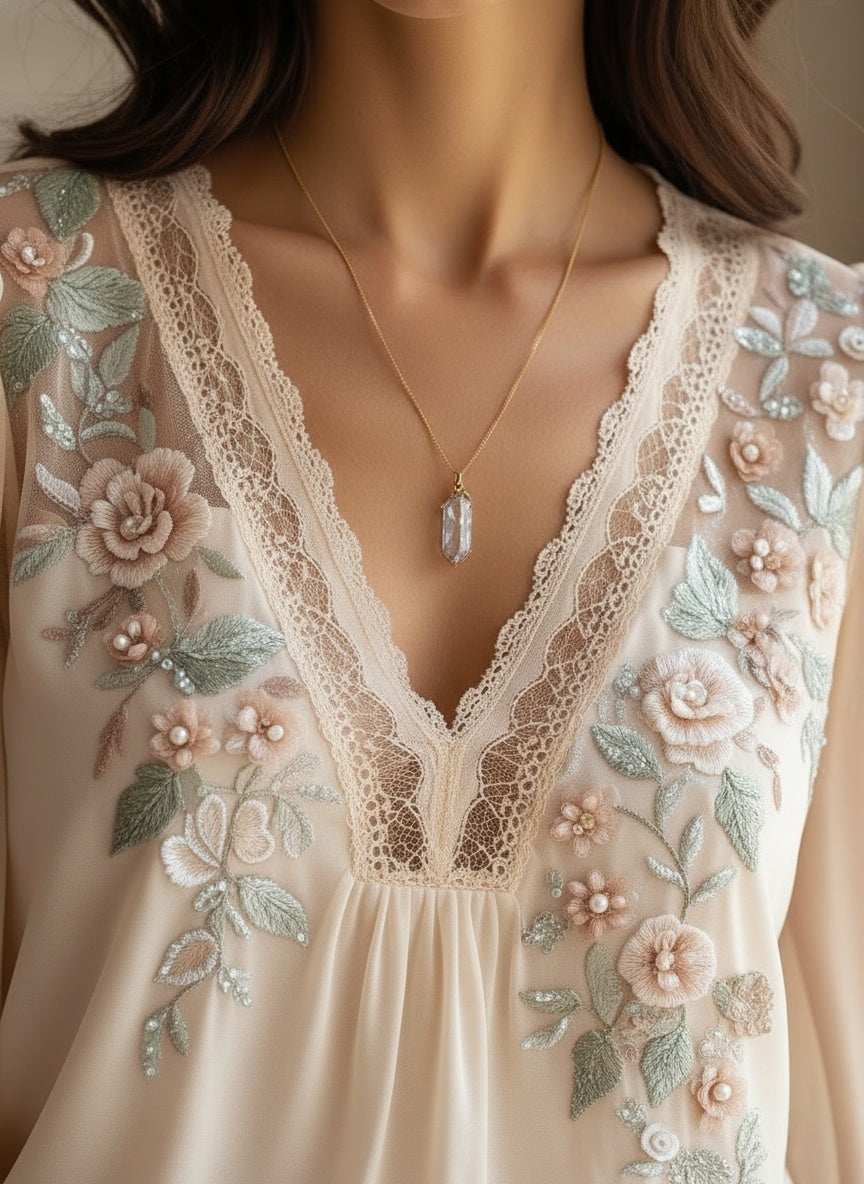 Elegant Floral Embroidered Chiffon Blouse with V-Neck and Puff Sleeves