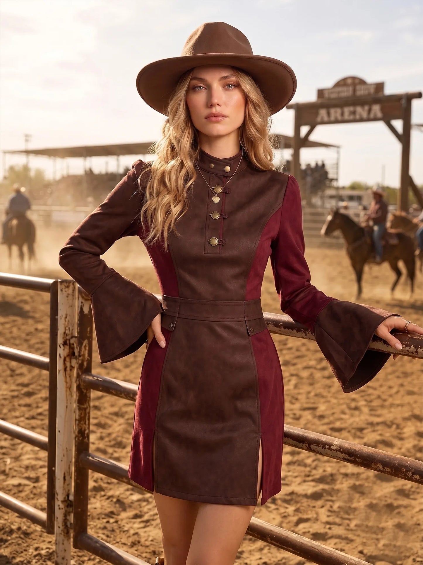 Western Dress — Chocolate Burgundy Colorblock Stand Collar Flared Sleeve Suede Dress Mini Dress