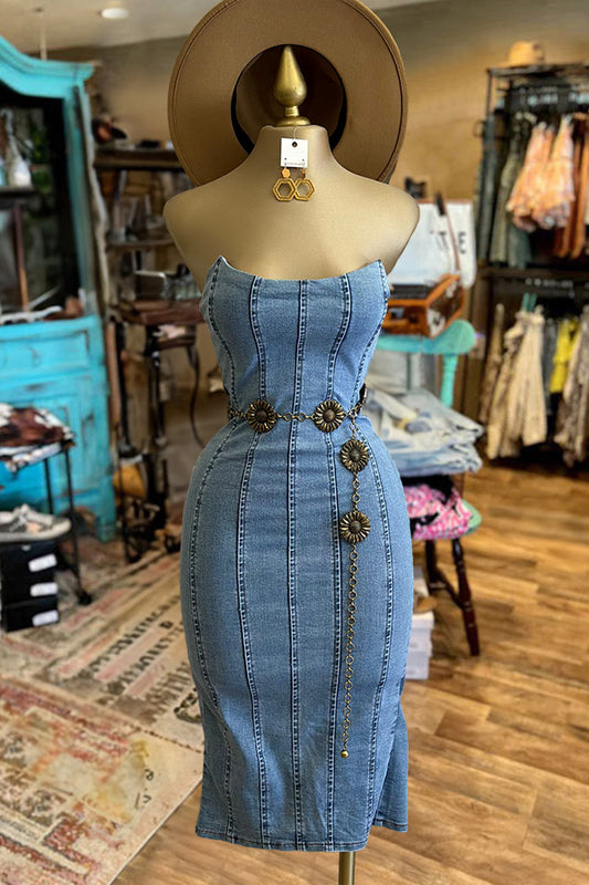 Vintage Wash Strapless Denim Bodycon Dress-0520
