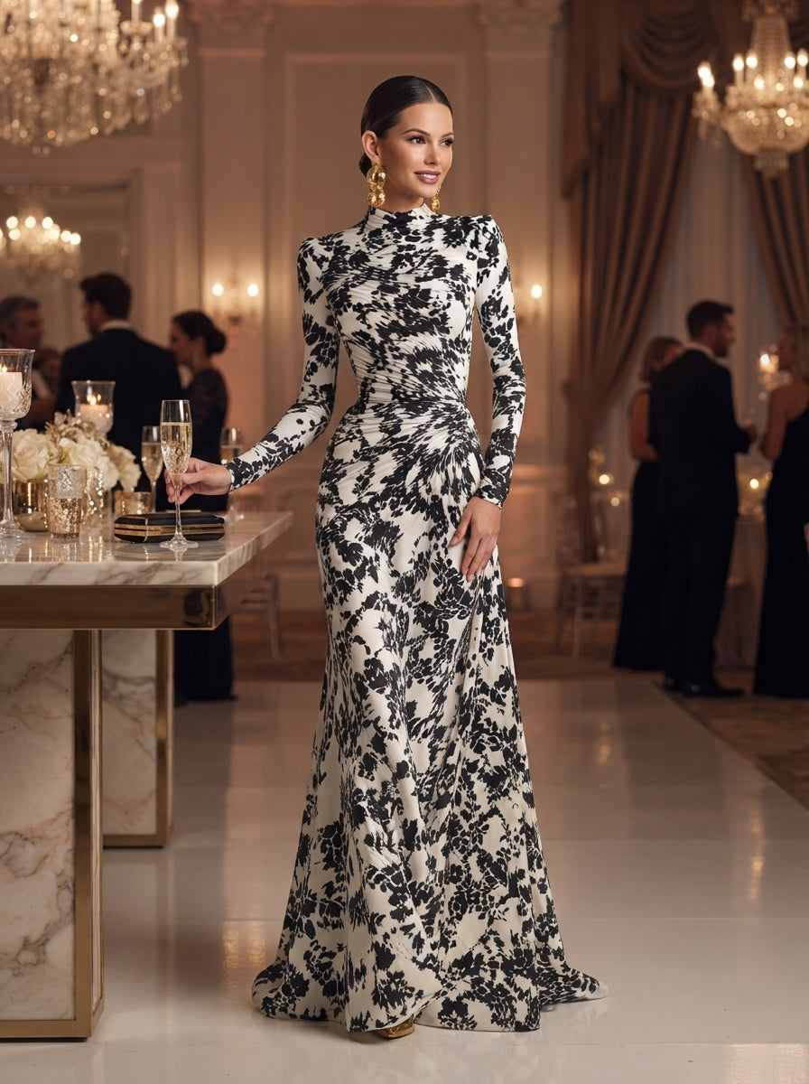 Women's Black And White Patterned Stretch Blend Wrap Dress