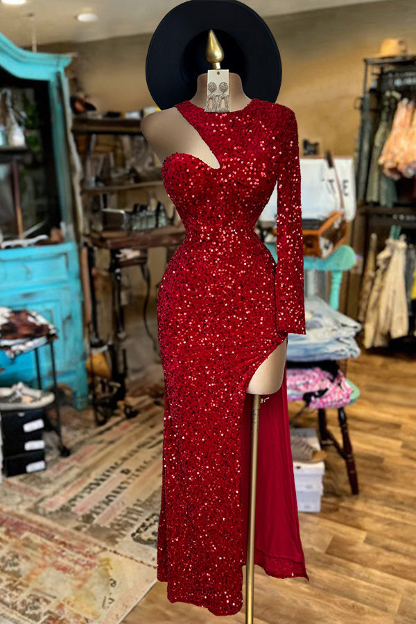 Sexy Shining Rhinestone One-shoulder Slit Sequin Dress