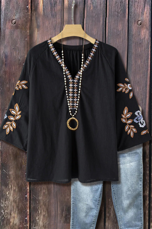 Floral Embroidered V-Neck Three Quater Sleeve Top