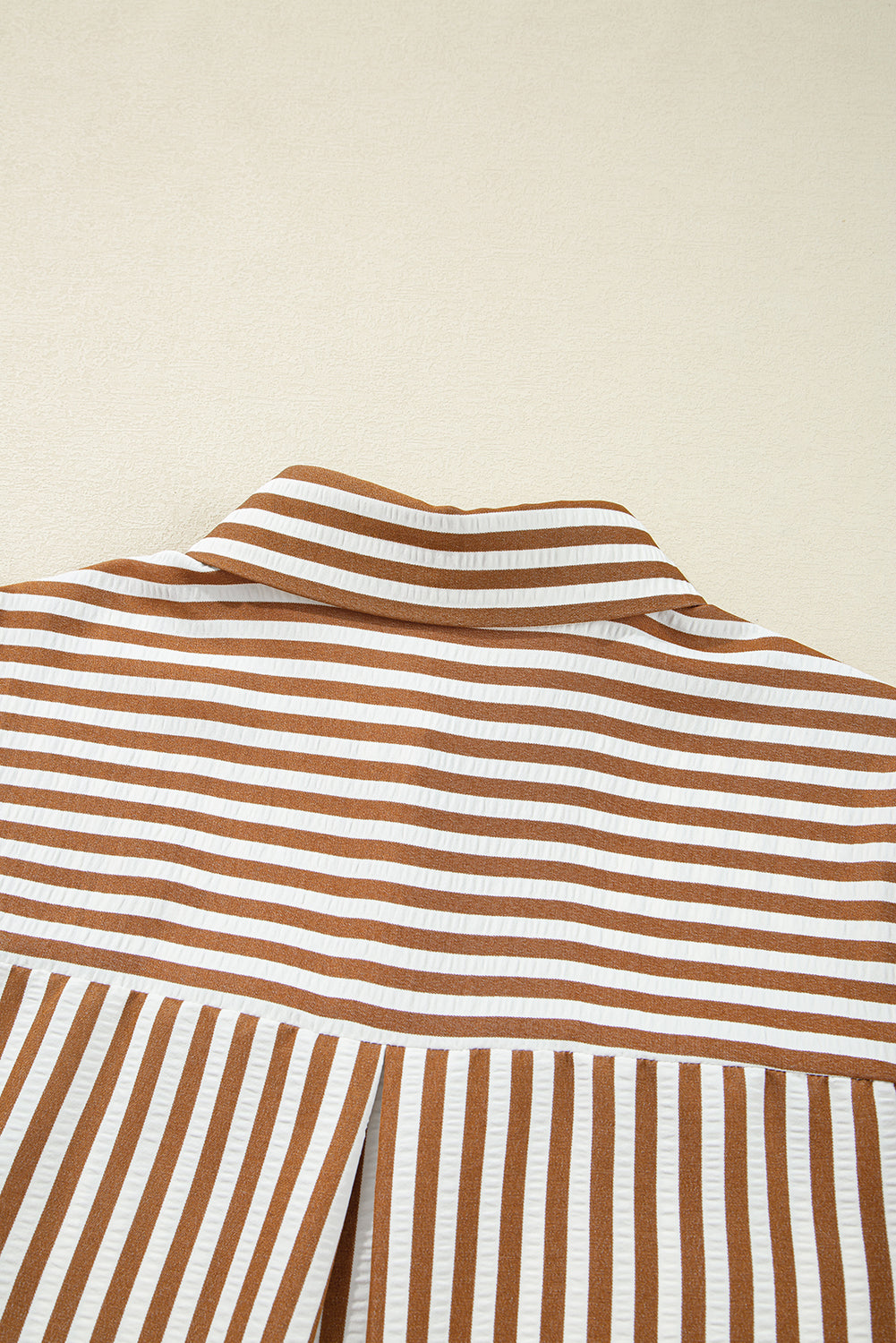 Brown Stripe Ruffled Hem Collared Long Sleeve Shirt Mini Dress