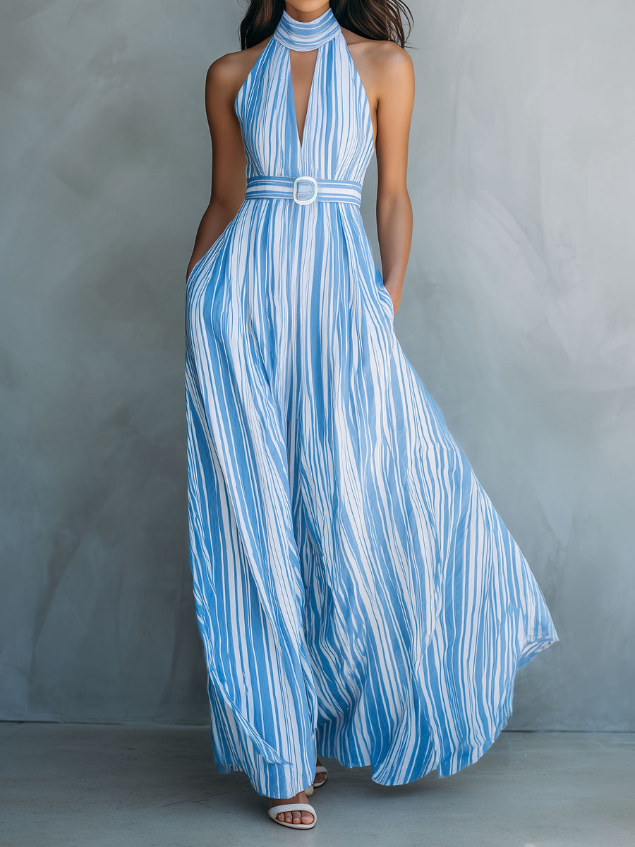 Boho Sky Blue Striped Belted Waist Halter Maxi Dress