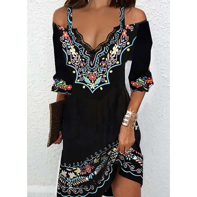 Women's Casual Dress Ethnic Dress Mini Dress Black Blue Brown Pure Color 3/4 Length Sleeve Summer Spring Fall Print Stylish V Neck 2023 S M L XL XXL 3XL