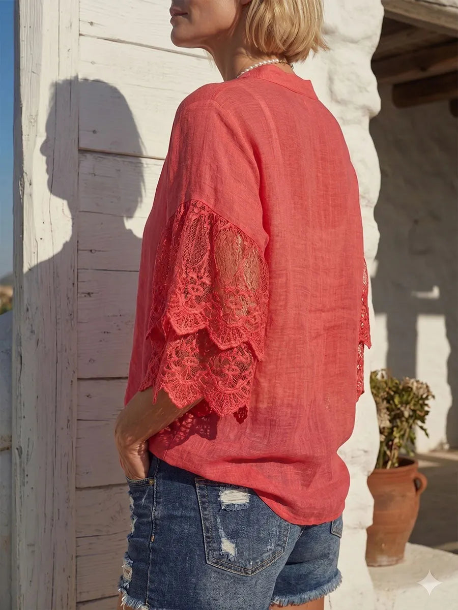 Vintage Art Comfortable Summer Fabrics Sheer Cotton And Linen Patchwork Lace Shirt