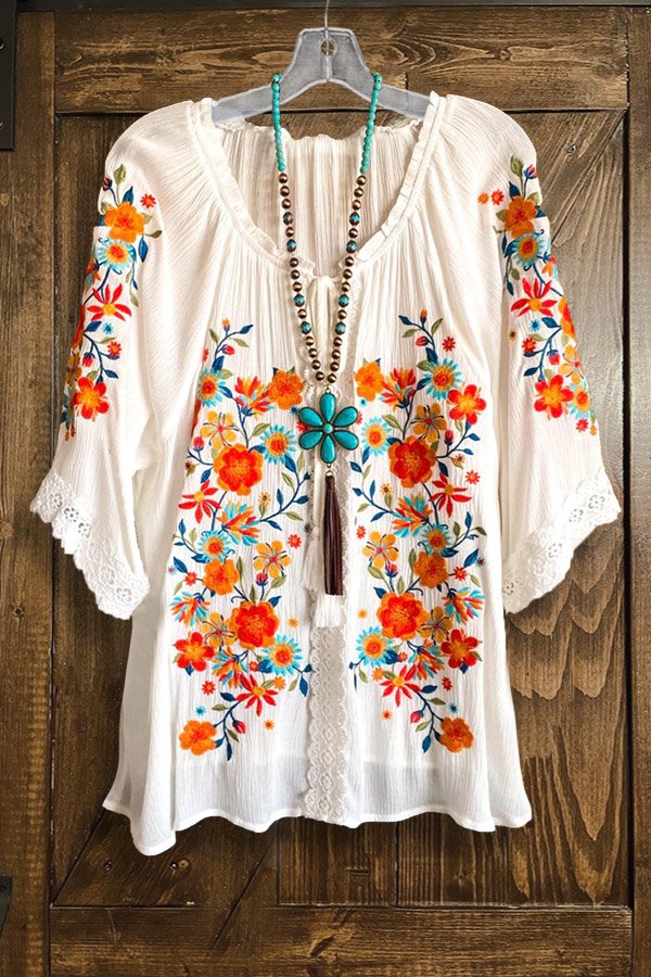 Floral Embroidered Ruffled Pleated Top