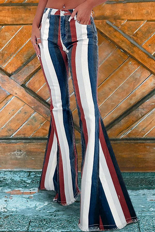 Western style vintage stripe print flared jeans