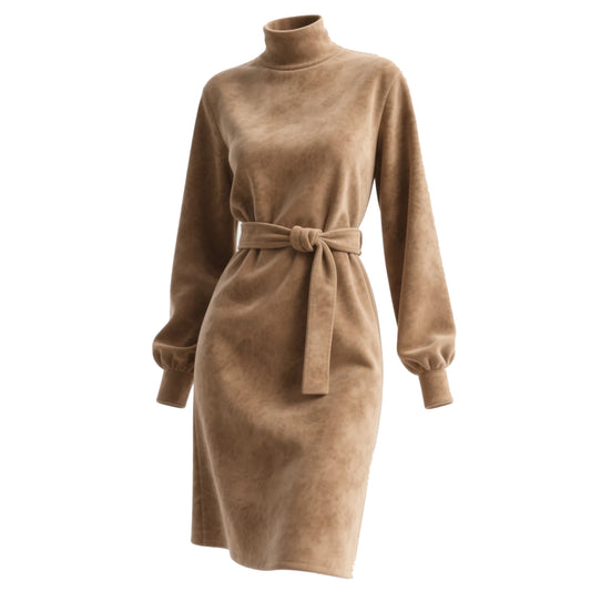 Outdoor Retro Western Style Women's Suede Long Sleeve Mid-Neck Dress