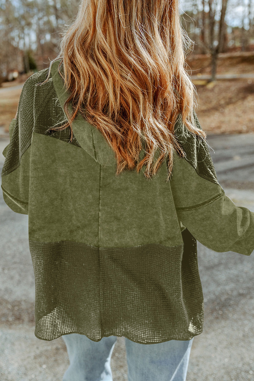 Khaki Waffle Patchwork Vintage Washed Hooded Jacket