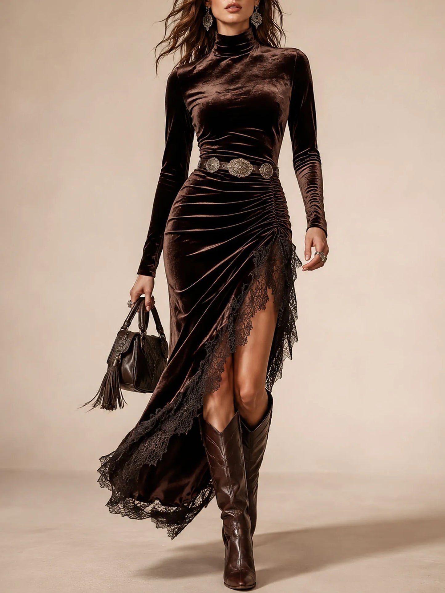 Brown Mock Neck Ruched Waist Lace Trim Slit Velvet Maxi Dress