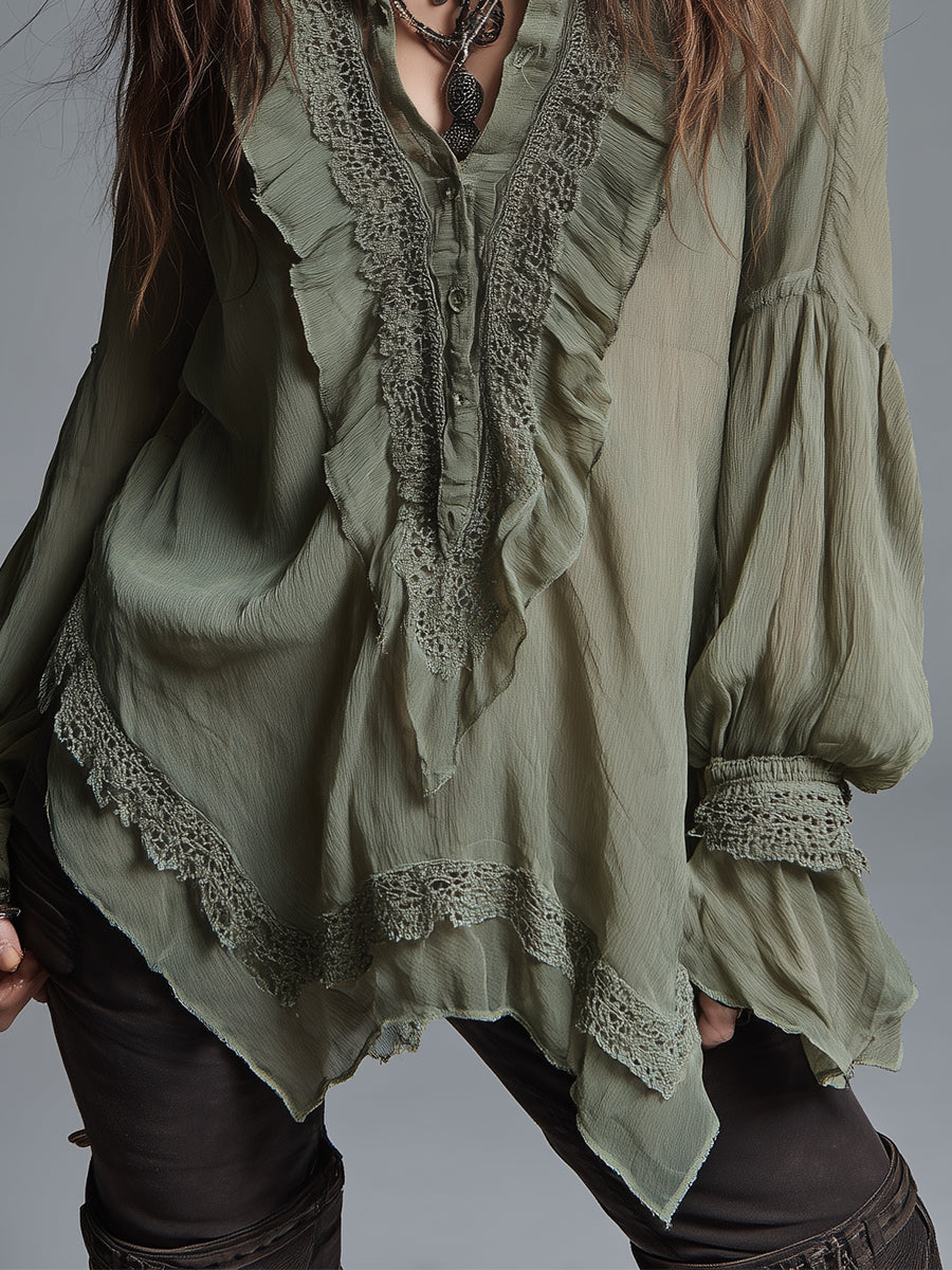 Bohemian-style Chiffon Blouse With Lace Trim