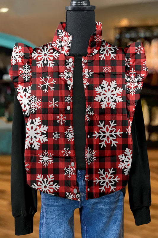 Christmas Red Plaid Snowflakes Print Ruffle Vest