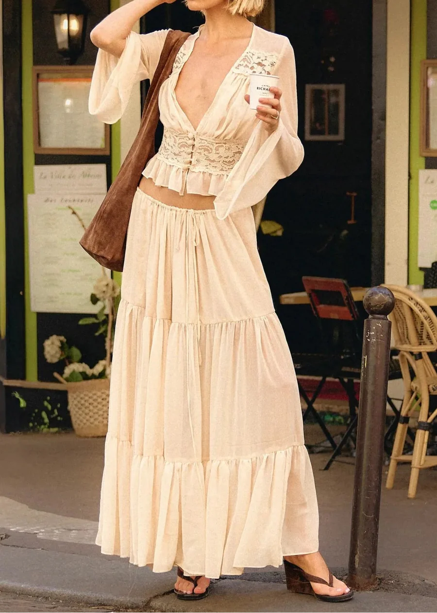 Olive Green Lace Trim Set - French Romantic Two-Piece Set