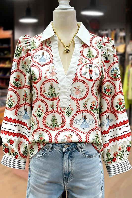 Vintage Christmas Print Ric Rac Long Sleeve Top