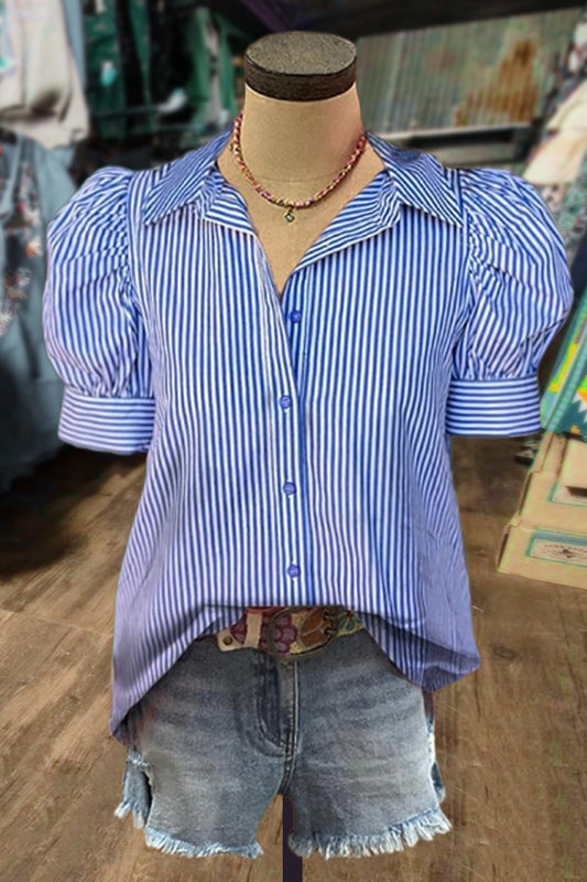 Striped Puff Sleeve Collared Top