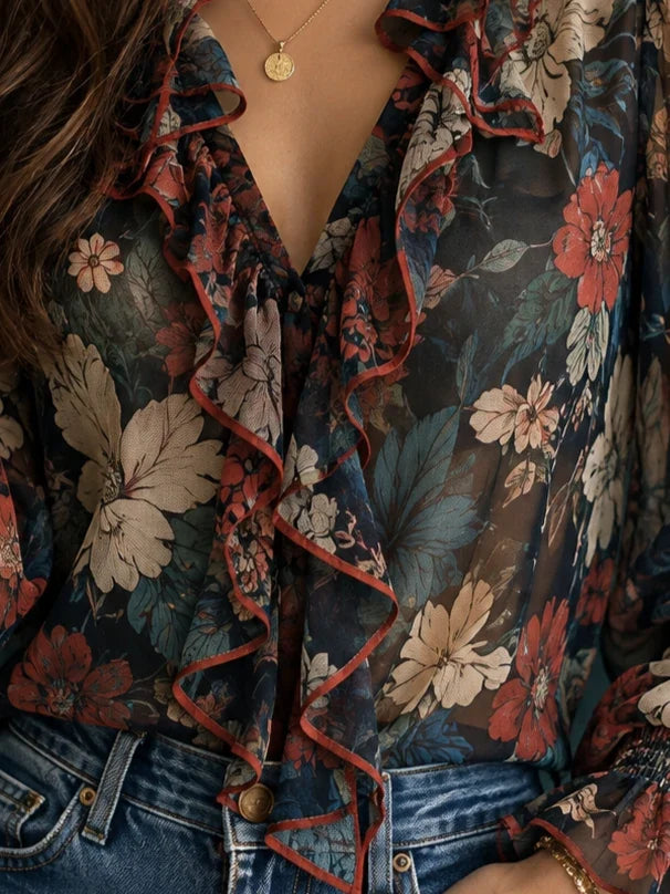 Contrast-Trim Floral Ruffle Blouse