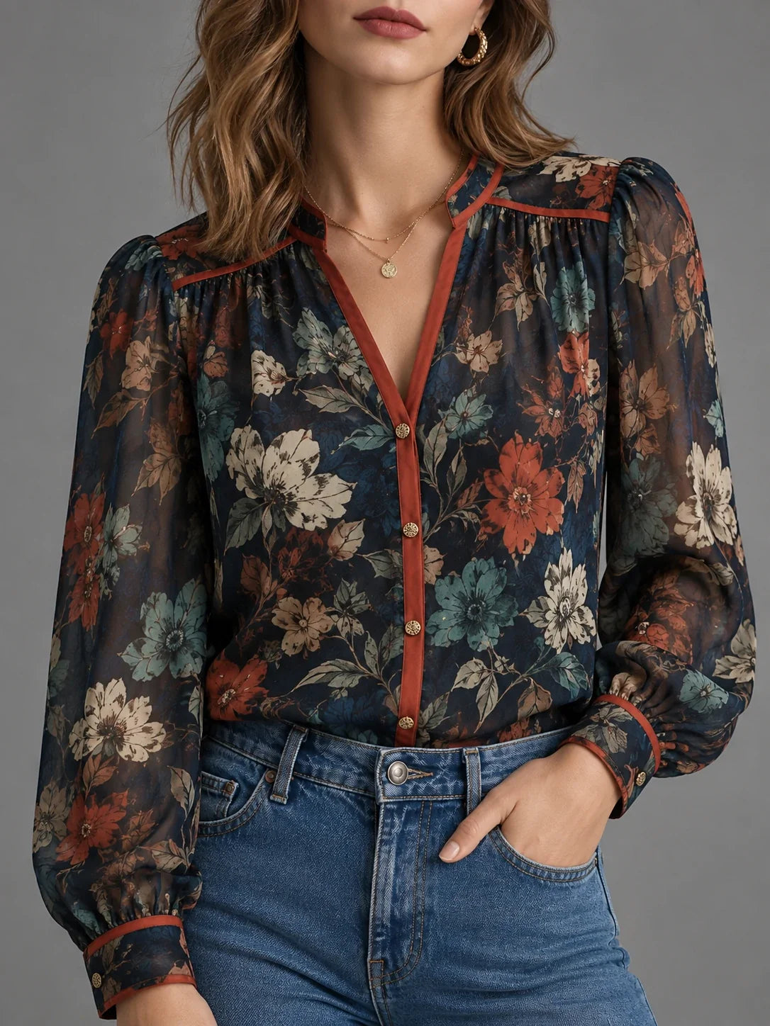 Contrast-Placket Floral Button Blouse
