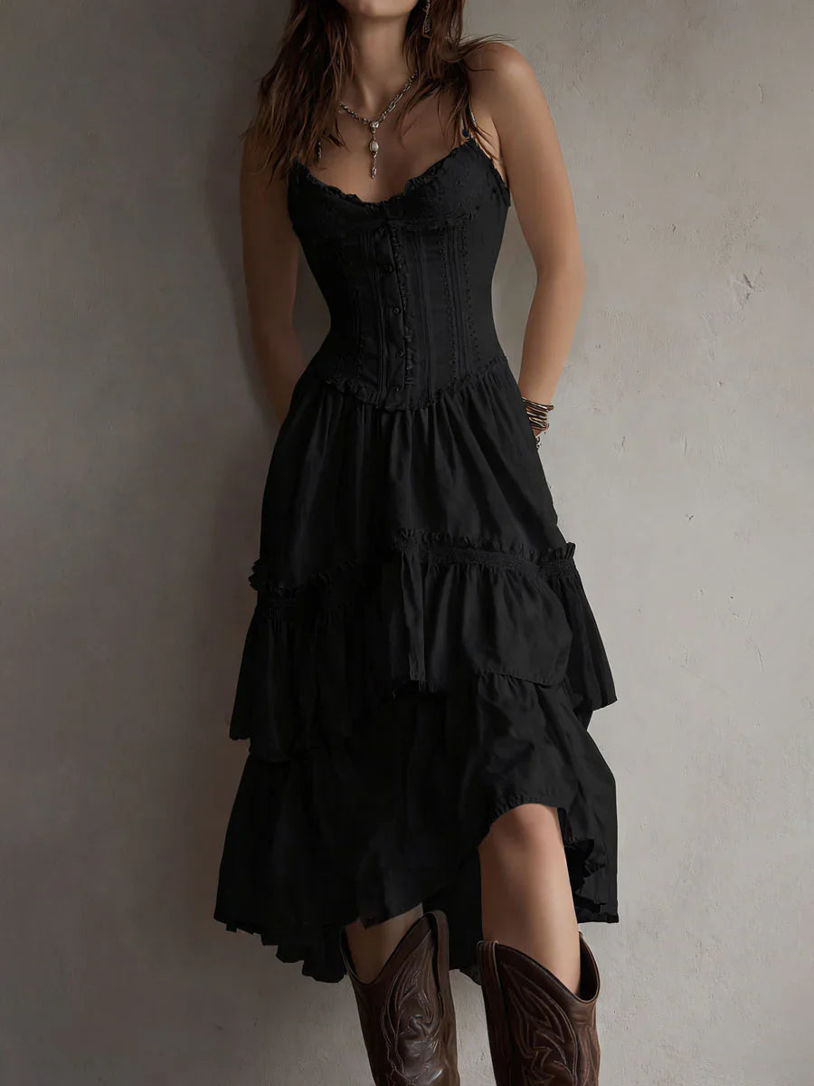 Retro Boho White Corset Tiered Midi Dress With Lace-Trim