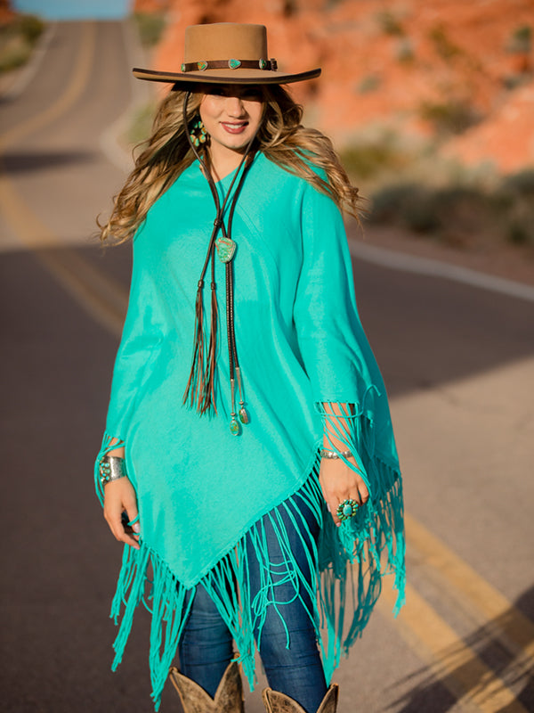 Cashmere Fringe Poncho - Aqua