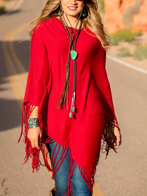 Cashmere Fringe Poncho - Cranberry