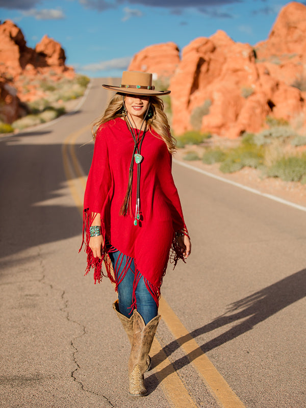 Cashmere Fringe Poncho - Cranberry