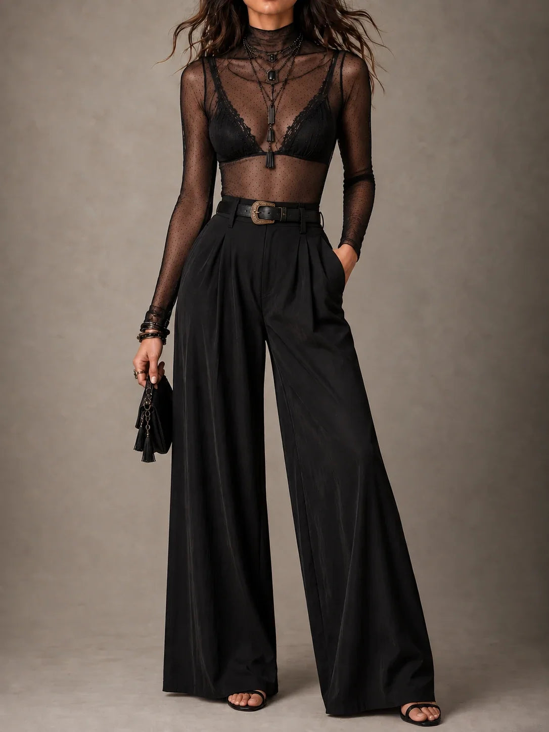 Sheer Dotted Mock-Neck Top