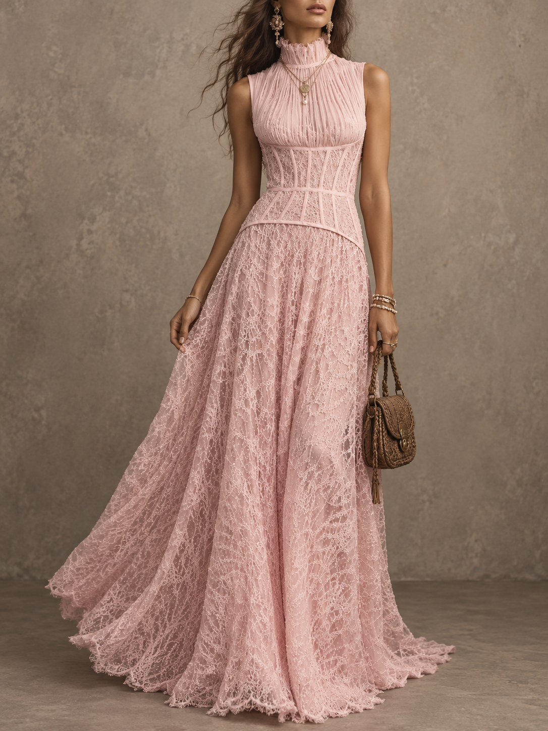 Pink Lace High Neck Maxi Dress
