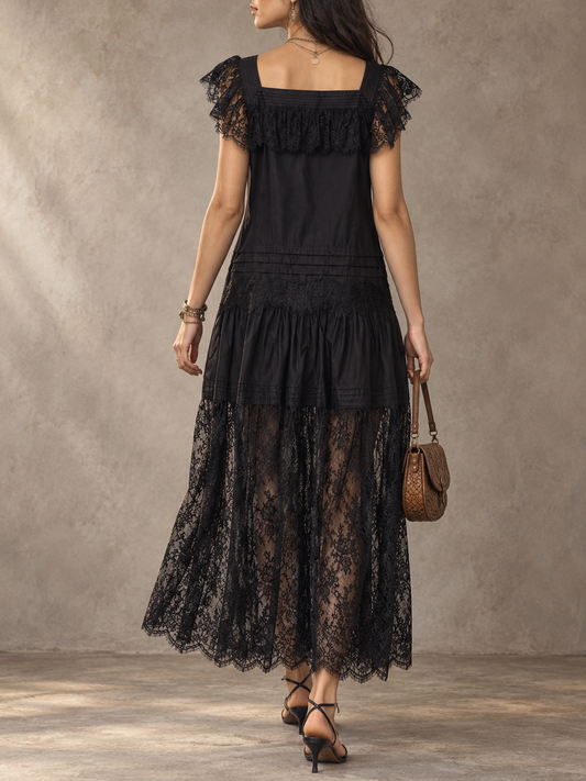 Black Lace Ruffle Sleeve Midi Dress