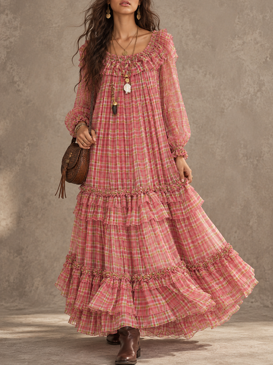 Pink Plaid Ruffle Tiered Maxi Dress