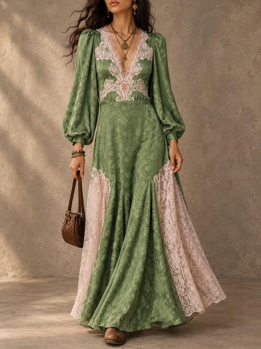 Green Lace Trim Maxi Dress