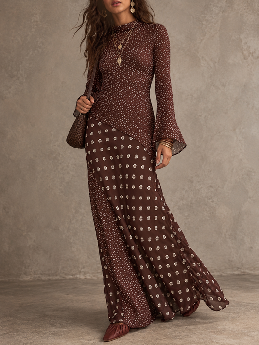 Brown Polka Dot Bell Sleeve Maxi Dress